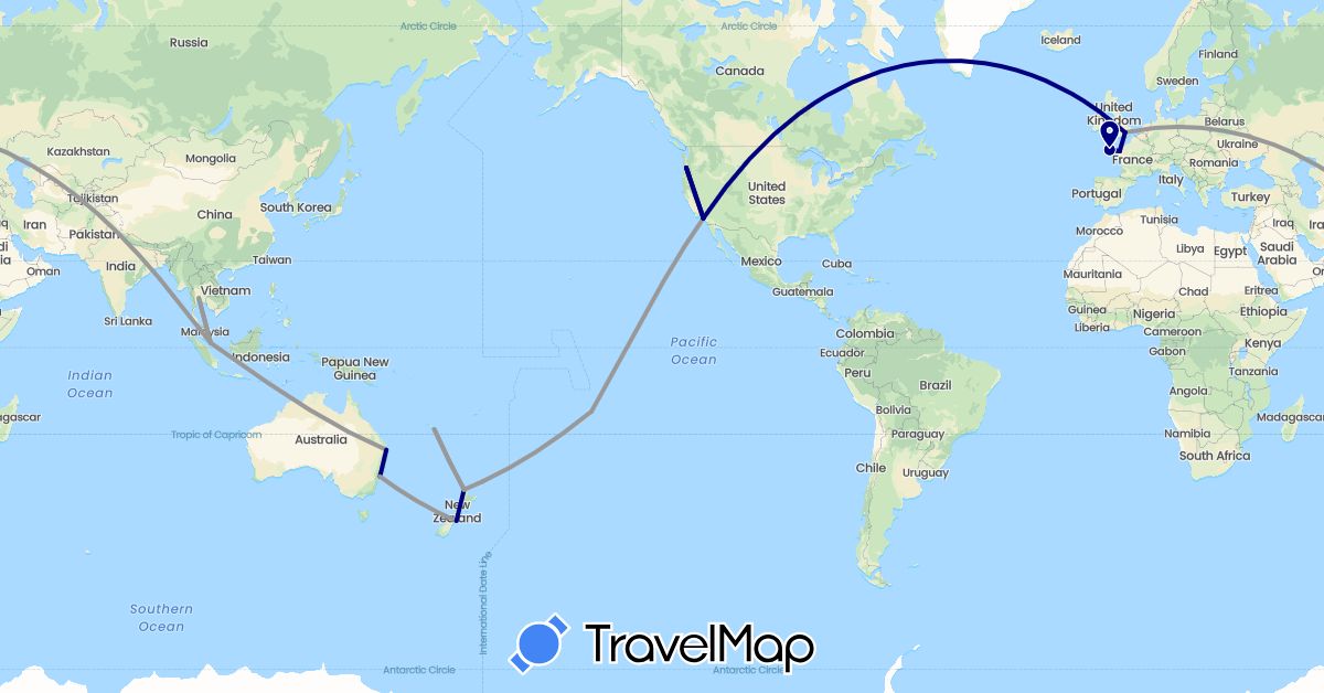 TravelMap itinerary: driving, plane in Australia, France, United Kingdom, New Caledonia, New Zealand, French Polynesia, Singapore, Thailand, United States (Asia, Europe, North America, Oceania)